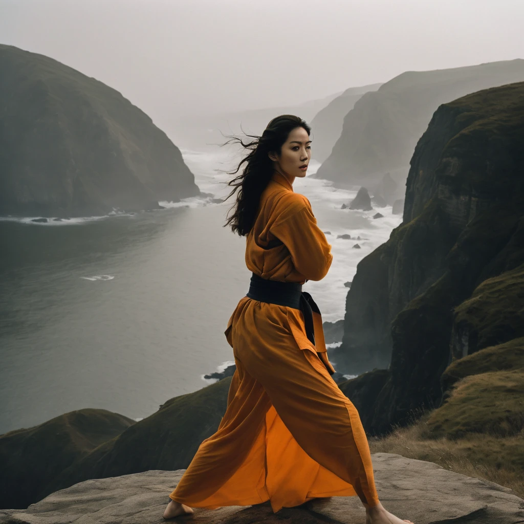 Quite a bit body of a beautiful face taekwondo Korean girls on ‘cliff’ still from the film, (Anne Hathaway look alike face: 0.7), in the style of foggy valley, fighting practice photography, tangerine and fossil grey, burne-jones, photorealistic urban scenes, luminosity of water, Leica SL3, Summicron-SL 75 f/2 ASPH, MyHeart 200 film, bare shoulder, monk cloth, dynamic action pose,