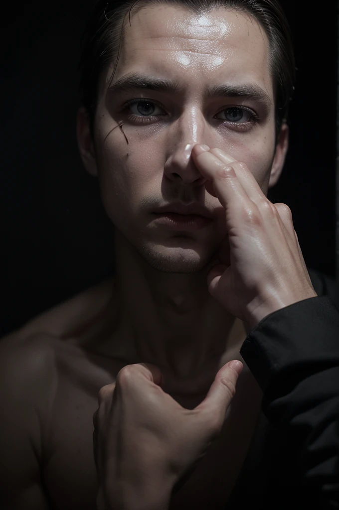 a faceless man, hand putting on broken white mask, shadowy figure, dark environment, dramatic lighting, moody atmosphere, shadows enveloping figure, minimalist composition, high contrast, monochromatic color palette, cinematic lighting, chiaroscuro, surreal, unsettling, psychological, (best quality,4k,8k,highres,masterpiece:1.2),ultra-detailed,(realistic,photorealistic,photo-realistic:1.37)