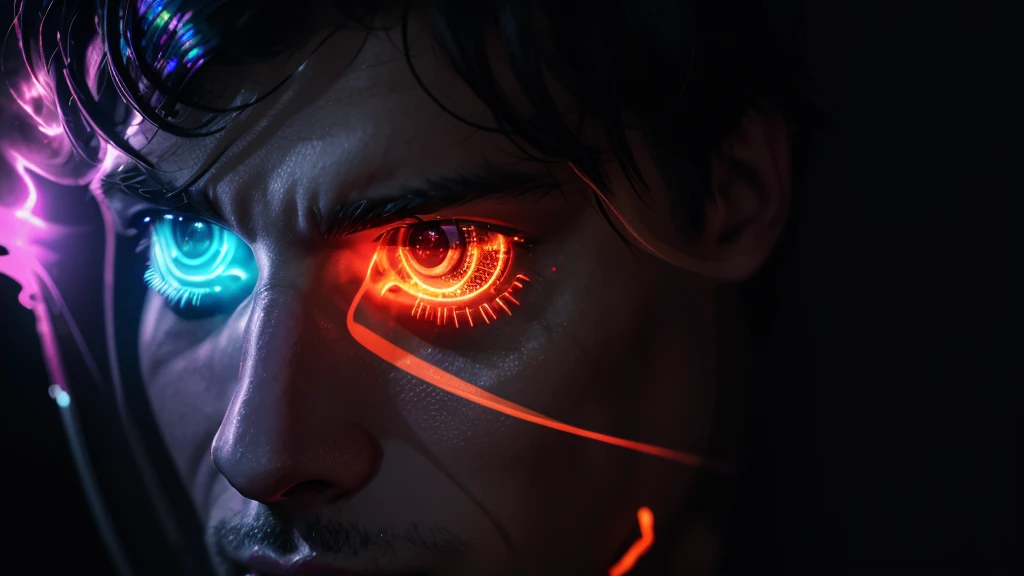 cyberpunk, a soldier with a ghostly of light and smoke and flames, high detail, long shot, wide shot, 4K, 3D, REALISTIC, (iridescent glow smoke), UHD, 32K, very bold neon colors, black light, neon light