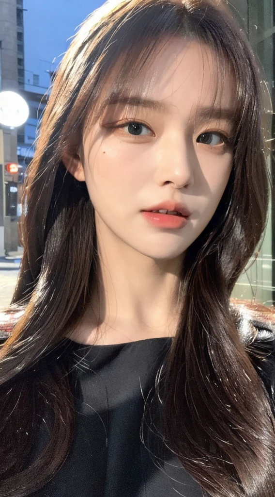 ((best quality, 8K, masterpiece:1.3)), Key Points:1.2, Perfect body beauty:1.4 , ((Air bangs:1.2)), (night, street:1.3), Highly detailed face and skin textures, Beautiful eyes, Double eyelids, Skin Whitening, (Long hair: 1.3), (Round Face: 1.5), (JK: 1.6)