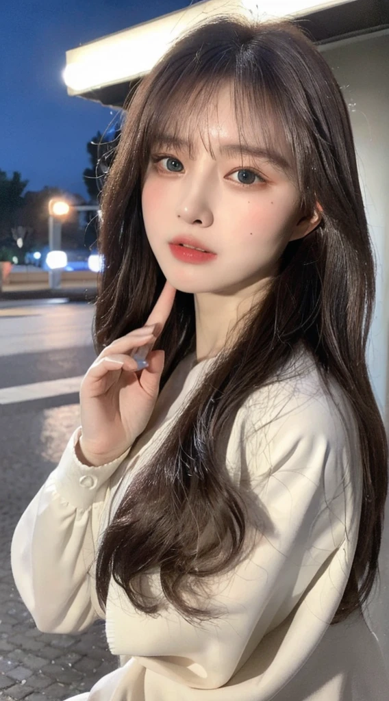((best quality, 8K, masterpiece:1.3)), Key Points:1.2, Perfect body beauty:1.4 , ((Air bangs:1.2)), (night, street:1.3), Highly detailed face and skin textures, Beautiful eyes, Double eyelids, Skin Whitening, (Long hair: 1.3), (Round Face: 1.5), (JK: 1.6)