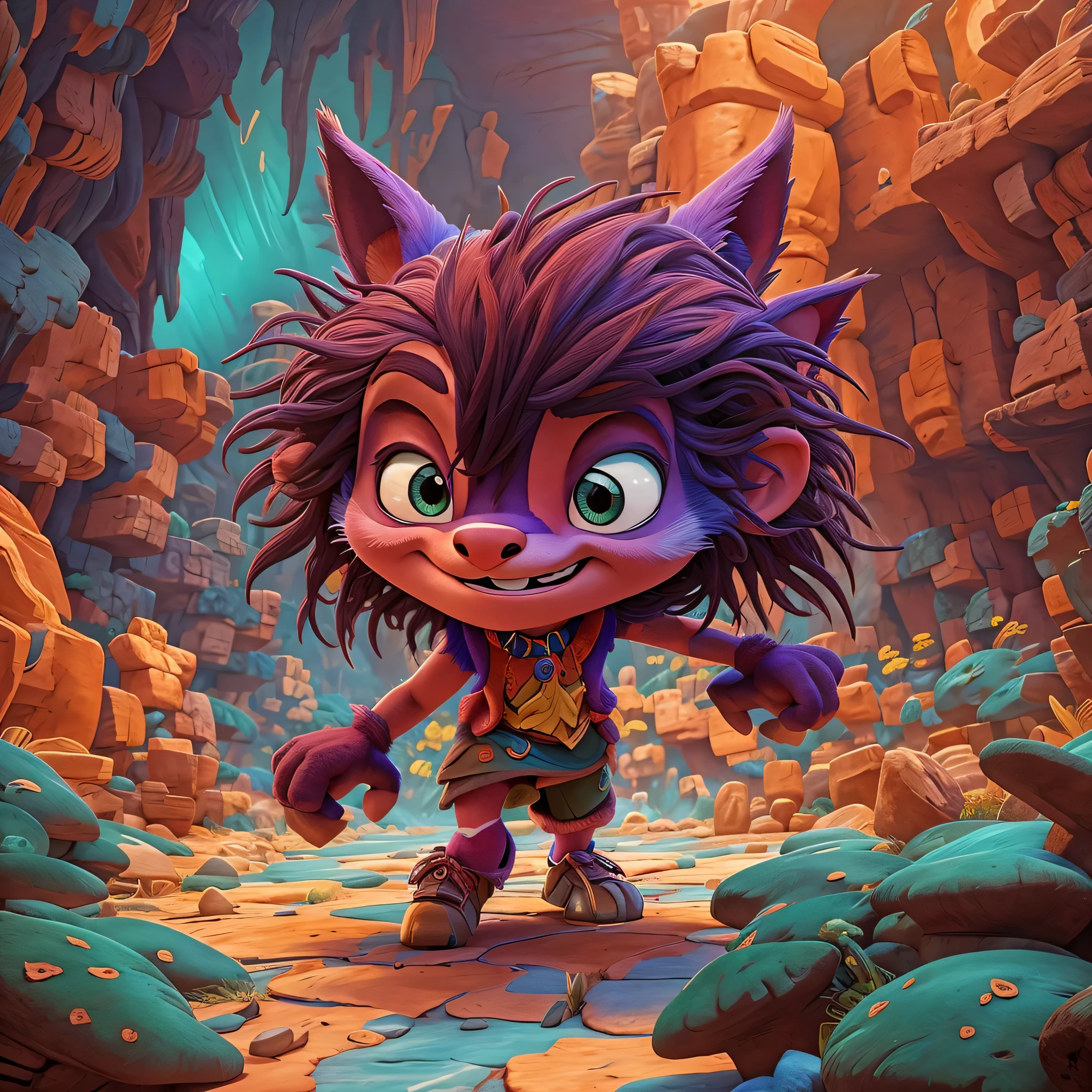 a cartoon-style taz-mania landscape, 1girl, taz the tasmanian devil, detailed facial features, dynamic pose, surreal colorful environment, epic fantasy, cinematic lighting, volumetric fog, highly detailed, intricate, digital art, vibrant colors, cinematic composition, masterpiece