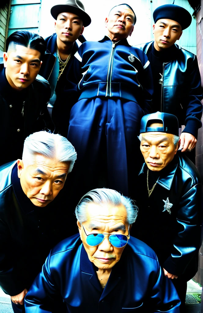a fashion photoshoot with (dynamic dutch angle:1.4) of a hip hop gangsta cover photo of (really old wrinkly senior:1.2) japanese boy band, (from below, fisheye:1.2)
