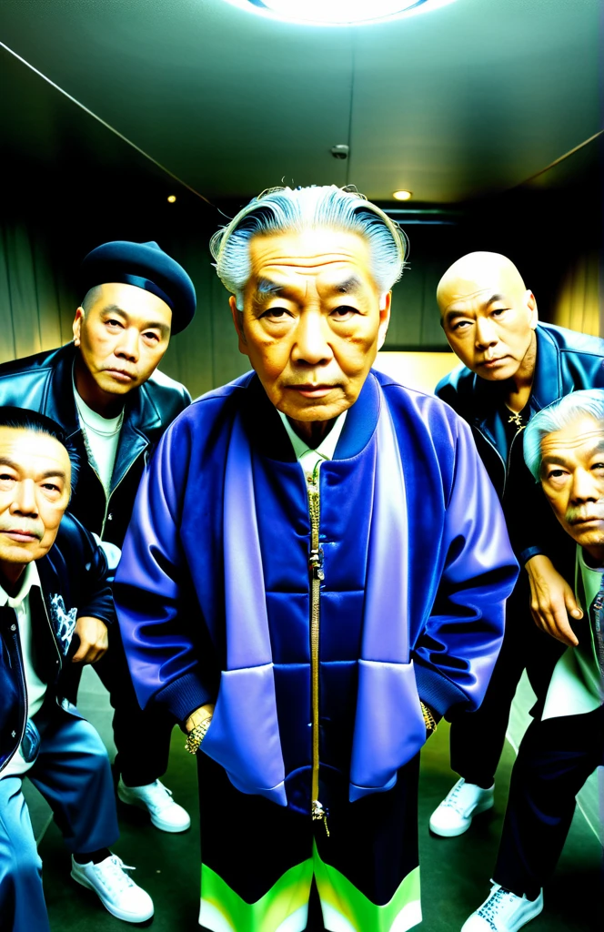 a fashion photoshoot with (dynamic dutch angle:1.4) of a hip hop gangsta cover photo of (really old wrinkly senior:1.2) japanese boy band, (from below, fisheye:1.2)