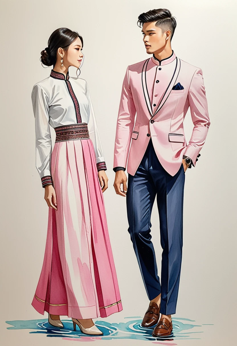 candid fashion illustration of two young man and women, 20-27 year old, adorned in a meticulously crafted North Thai traditional outfits, Lampang, ((showcase fashion Lanna style in cotton handwoven in pink)), simple elegant style, The man wears a simple long-sleeved white mandarin collar suit, paired with Tailor pants, and oxford shoes, The woman complements him with ankle-length wrap skirt, simple minimal patterns details, fitted intricately decorated waist-length blouse that complements the skirt, standing, Captured in full-body image, ((imperfect water color background)), sketching, realistic drawing, imperfect water color painting, fashion look book, fashion illustrator, sketch design,