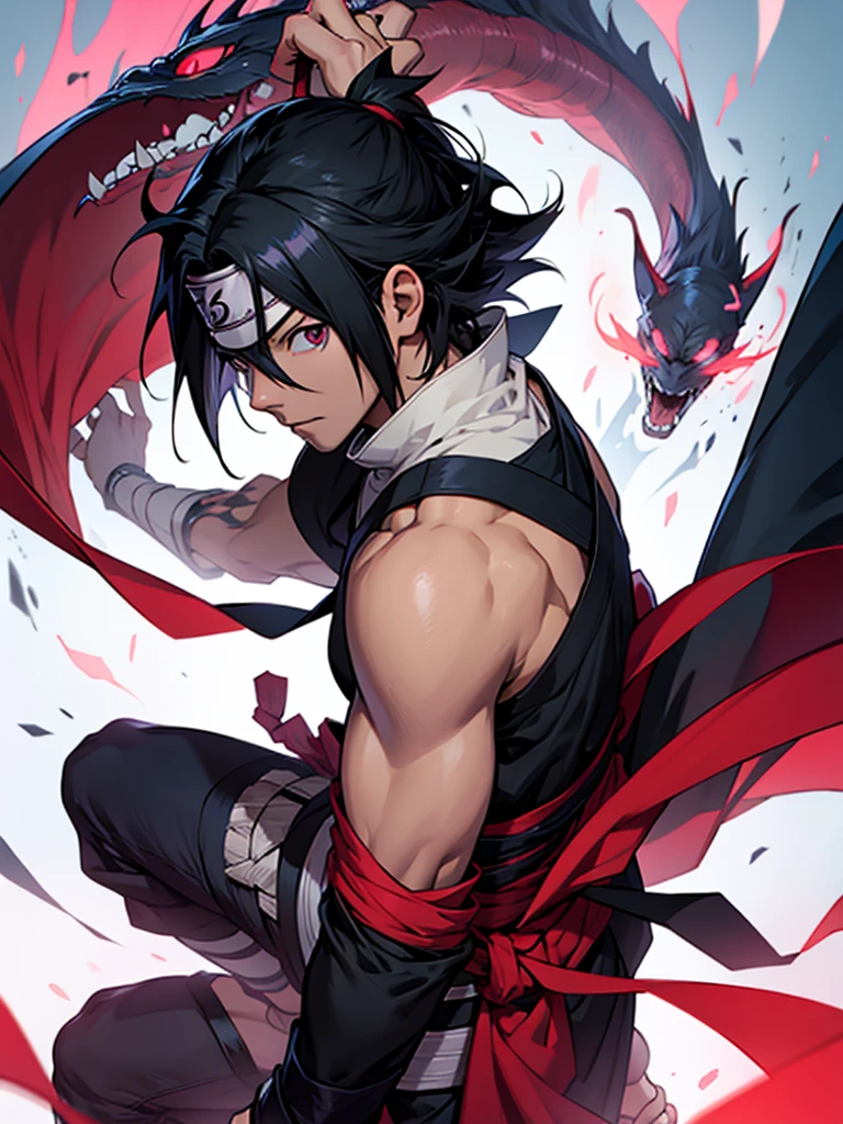 Sasuke Uchiha from 'Naruto' in high quality, with a personalized and creative touch. Show it off in a powerful pose, wielding his Kusanagi sword with Chidori electricity surrounding him. Capture seus olhos Sharingan e Rinnegan, highlighting the contrast between the two. Dress him up in a custom mix of your classic and modern outfits, incorporating elements of ninja armor with unique details.Add a dynamic scenario, like a devastated battlefield or a mystical environment, with lightning in the sky and debris floating. Use light and shadow effects to highlight Sasuke's intensity and duality, emphasizing your power and determination. Include small details that reflect your journey and growth, as subtle battle marks and symbols of his Uchiha lineage