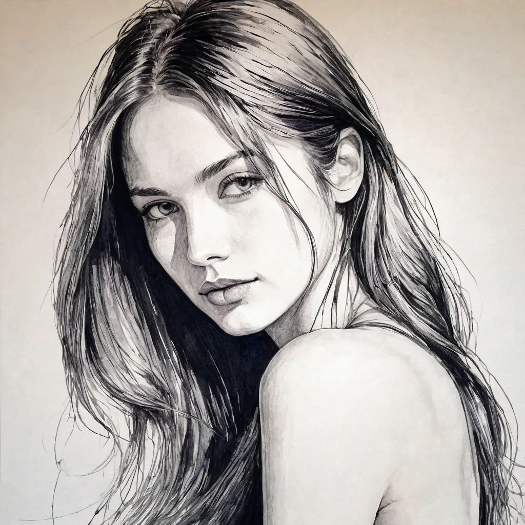 beautfull woman, head to shoulders pose, long hair, rough pen drawing with minimal strokes, work of art