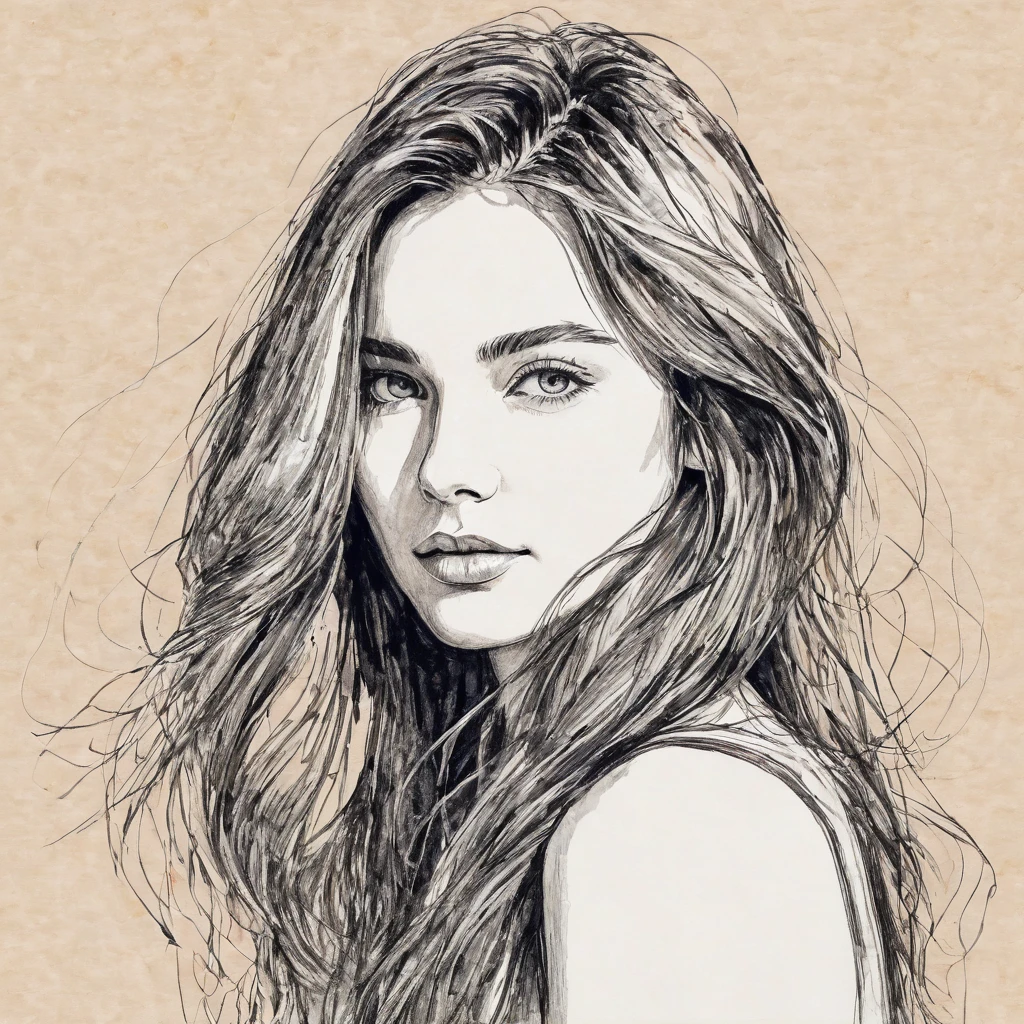 beautfull woman, head to shoulders pose, long hair, rough pen drawing with minimal strokes, work of art