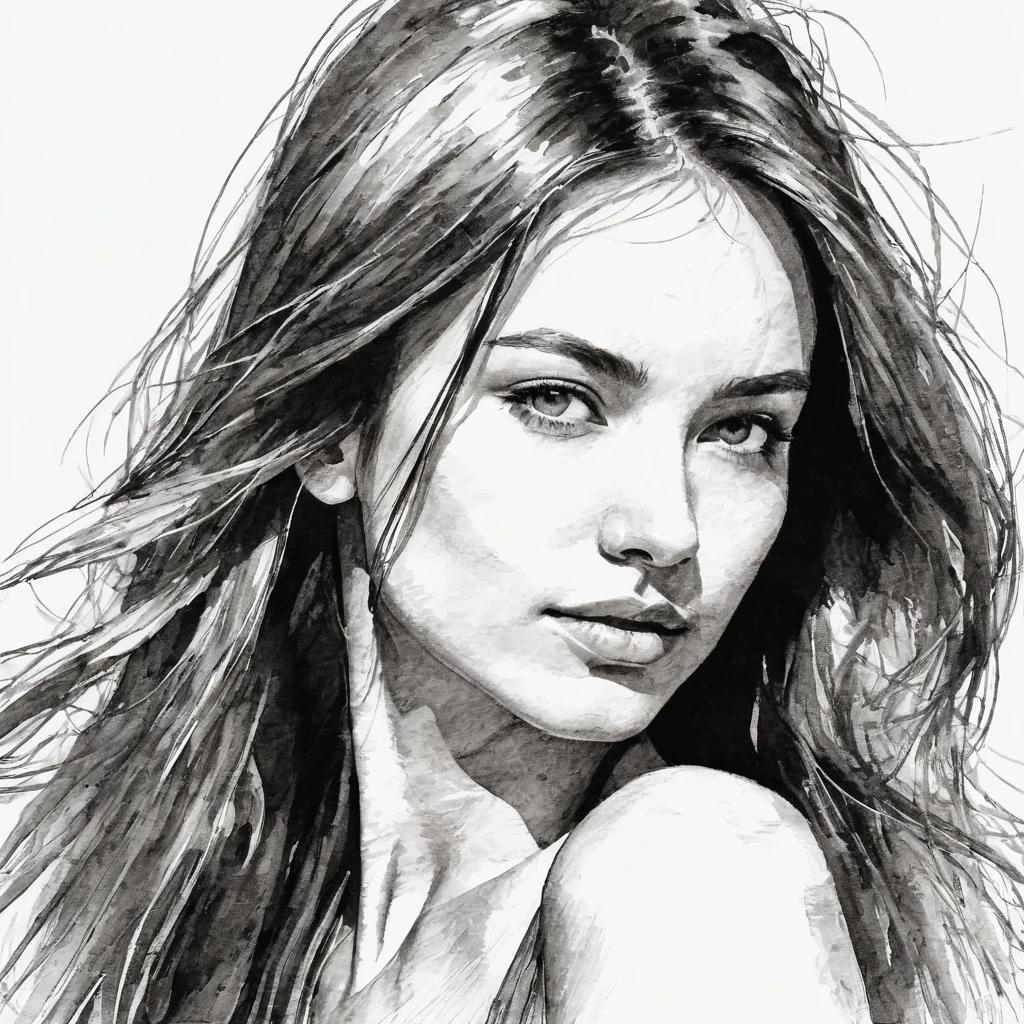 beautfull woman, head to shoulders pose, long hair, rough pen drawing with minimal strokes, work of art