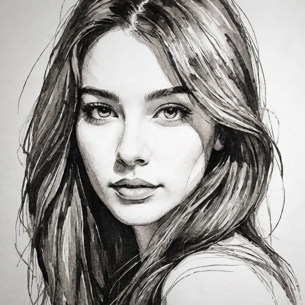 beautfull woman, head to shoulders pose, long hair, rough pen drawing with minimal strokes, work of art