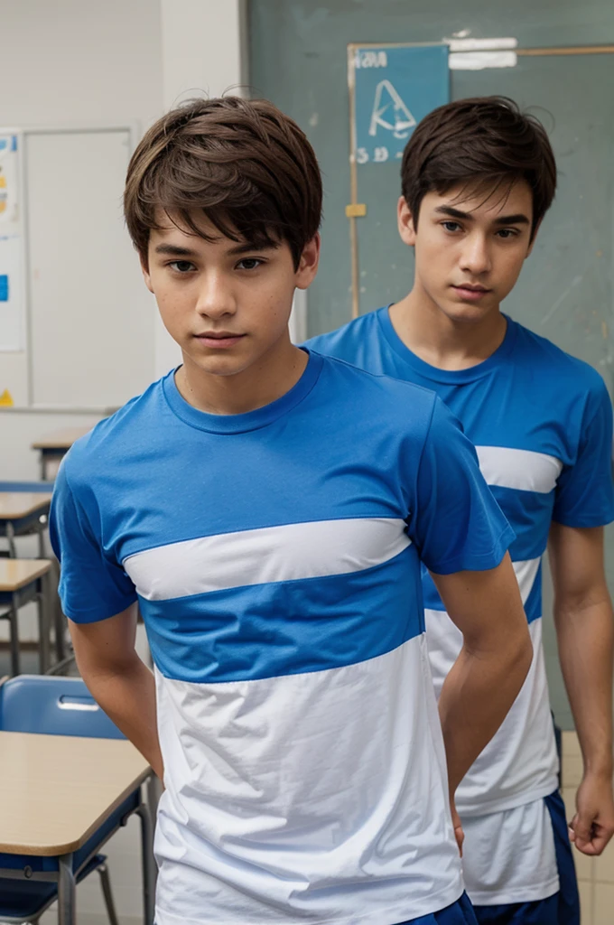 Boys wearing blue and white t-shirts are at school