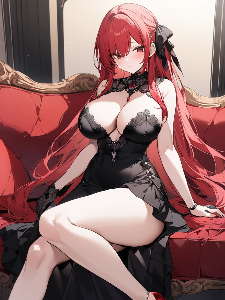 Hide cleavage、Lots of lace、Black Dress、red heels、Long Red Hair、Sitting、Beautiful woman、Highest quality