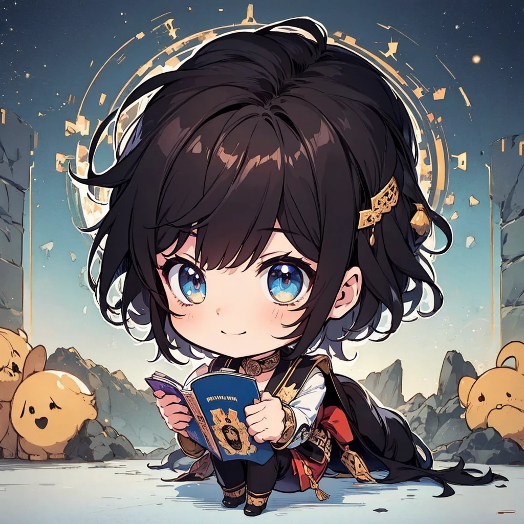 masterpiece , best quality , man , reading , chibi anime man , smile , black hair , suit , solo
