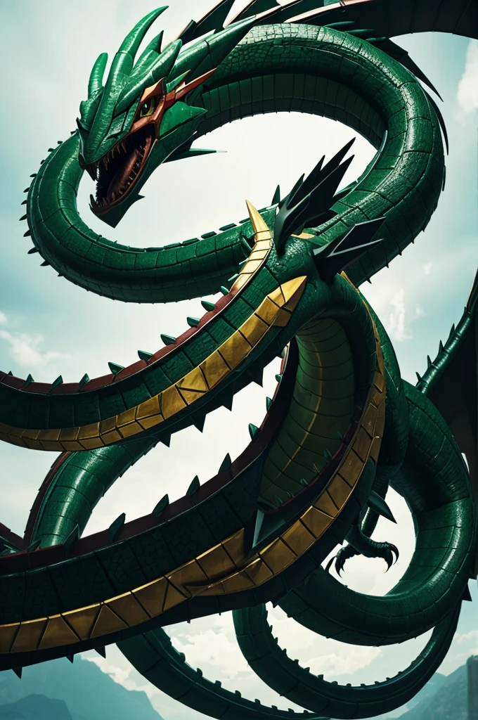 Create a monster that is the combination of rayquaza and Quetzalcoatl