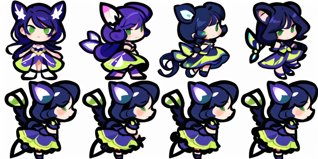 a close up of a cartoon character with different poses, spritesheet, sprite sheet, with familiar sprites, sprites, fairy girl, morgana, default pose neutral expression, twirling, sprite 2 d, shady, green fairy, smol,  multiple poses, cute chibi, kawaii
