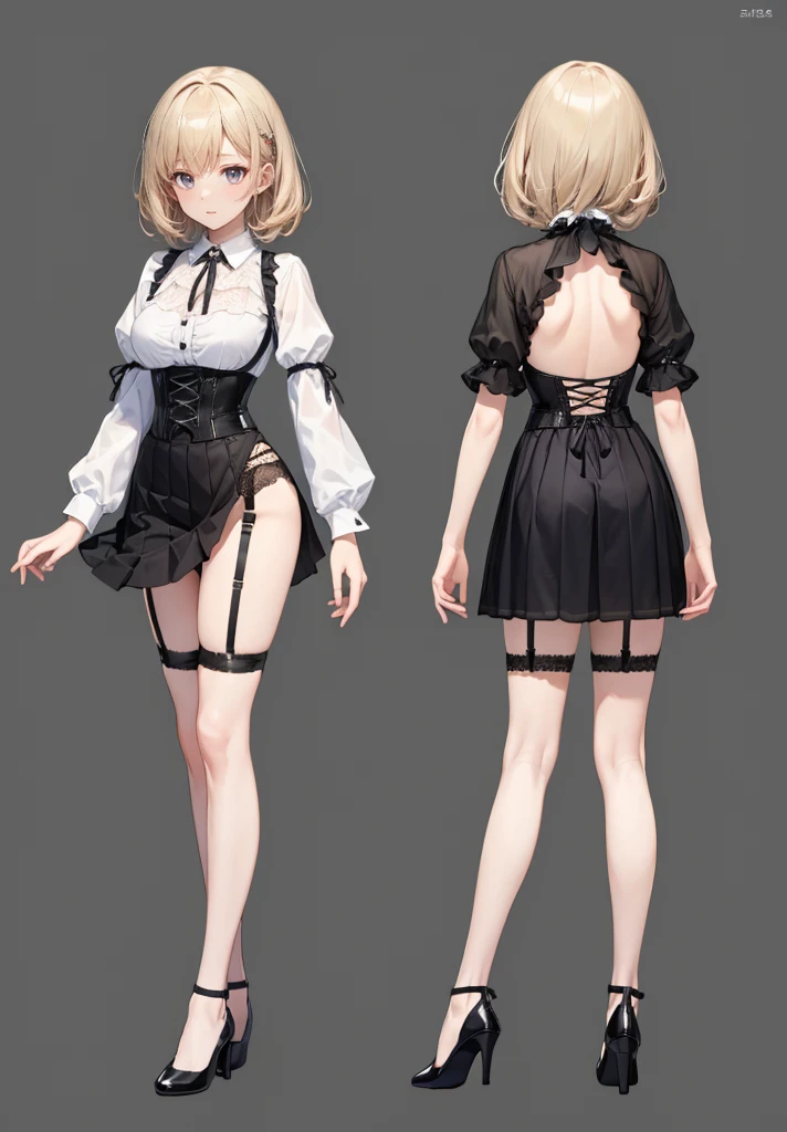 Adult female,((Body Harness)),((Roll up your shirt sleeves)),(corset),(Tight Skirt),((garter belt)),(High heels),((Simple Background)),smile,((whole body)),((whole body)),Character Sheet,Lingerie Sexy Lingerie,