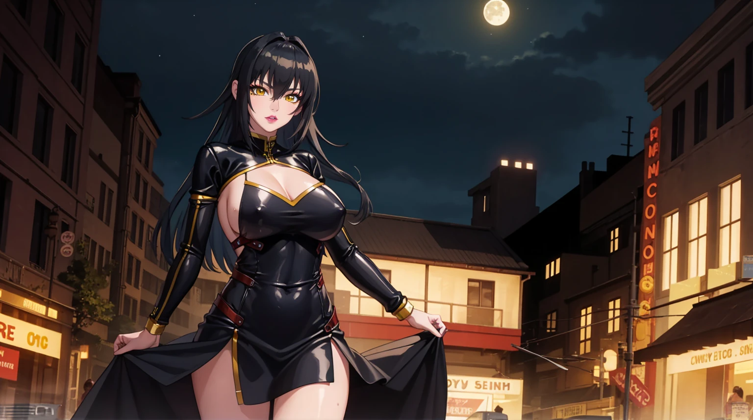 masterpiece:1.4),(best quality:1.4), soft lighting, cinematic bloom, beautiful face, beautiful eyes, cowboy shot, Annerose, 1girl, solo, female mature, black hair, long hair, (yellow eyes:1.4), large breasts,blue dress,, skin tight, hair intakes, covered breasts, sideboob, exquisite eyes detail, exquisite character design unity details 8k hdr, professional art, landscape, bridge, (solo:1.5, cowboy shot:1.5), night, city, roof, city skyline, moon, sexy body, milf, 35 years old girl, big thighs, sexy waist