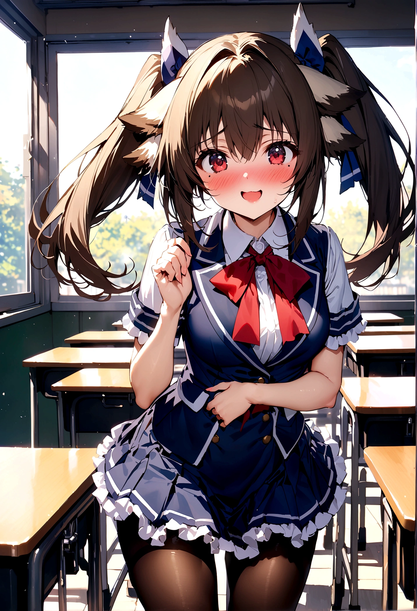 NSFW,masterpiece,Highest quality,High resolution,Super detailed,nekone \(utawarerumono\),Brown Hair、(Red Eye:1.3)、ribbon、Animal Ears、Twin tails、ヘアribbon、Mole、目の下のMole、,uniform,mini skirt,pantyhose,White frilly panties,Embarrassed,blush,Expecting face,Seduce,smile,School,classroom