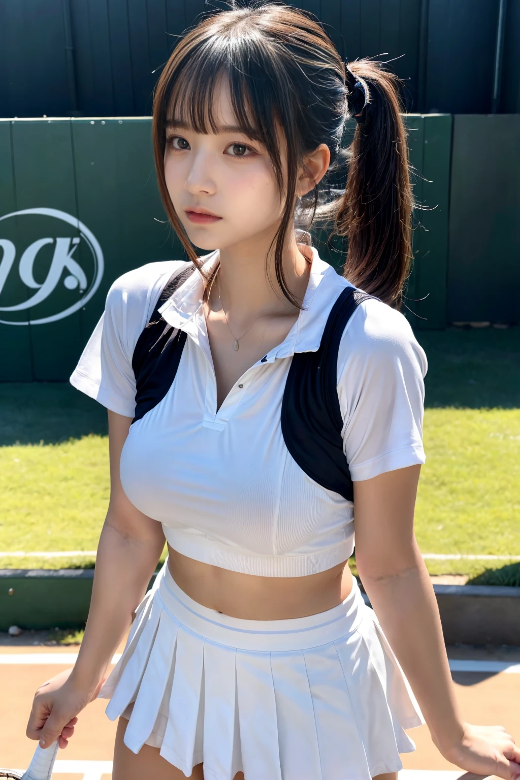 masterpiece, best quality, illustration, Super detailed, fine details, High resolution, 8K,wall paper, perfect dynamic composition, front view, standing, 18 year old girl, tennis player, Gravure Idol, cute type, (Details High quality, realistic depiction of eyes:1.3), (Colossal tits:1.2), expresses the roundness and softness of your chest., low ponytail, black hair color, Dark makeup, Big Natural Color Lip, thick thighs, perfect body shape, plump figure, large hips, beautiful clavicle, white tennis uniform, short sleeve, shirt, skirt, socks, tennis shoes, depth of fields, natural lighting