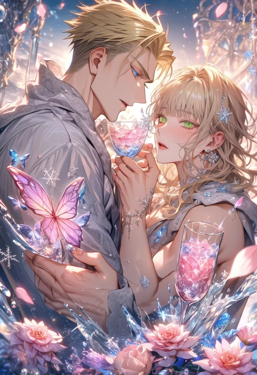 Ultra detailed, HDR, Highres, absurdres, master piece, Nanami Kento, blond hair, expressive green eyes, Gojou Satoru, white hair with bangs, expressive blue eyes, white eyelashes, Jujutsu Kaisen, two sexy man together, gay couple, yaoi, glass, ice glittering butterflies, ice, petals, pink ice glass flowers, cute, glittering, water, fantasy, magical, snowflakes, cold, glass, 