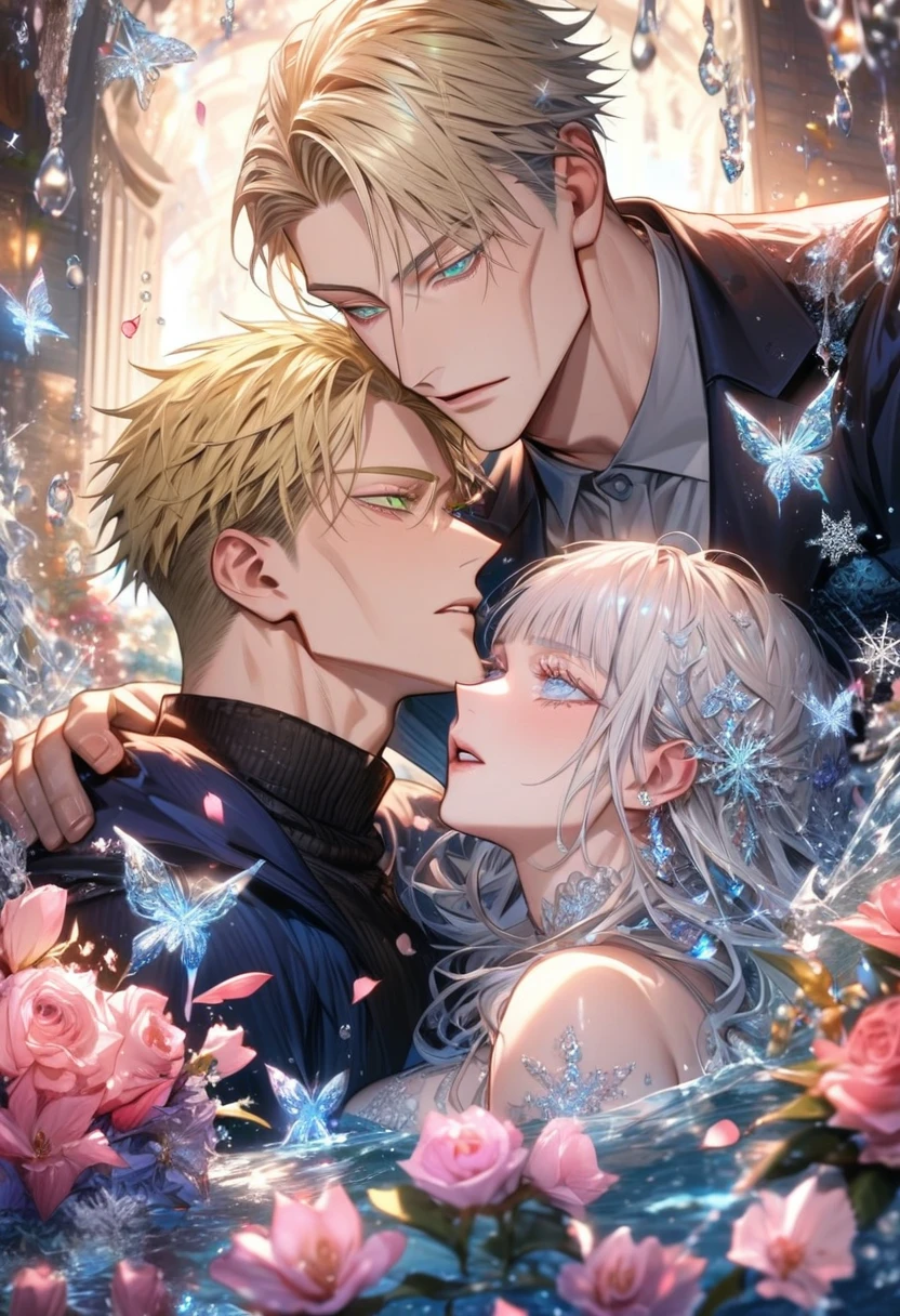 Ultra detailed, HDR, Highres, absurdres, master piece, Nanami Kento, blond hair, expressive green eyes, Gojou Satoru, white hair with bangs, expressive blue eyes, white eyelashes, Jujutsu Kaisen, two sexy man together, gay couple, yaoi, glass, ice glittering butterflies, ice, petals, pink ice glass flowers, cute, glittering, water, fantasy, magical, snowflakes, cold, glass,