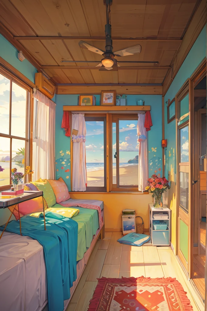 In the comfort of a camper, Comfy bed and warm blanket, plant, Flowers, decorate, View of the quiet beach from behind, sunrise, peaceful, Vibrant colors, Line Art, Cartoon Style, (masterpiece, best quality, high resolution), 8K