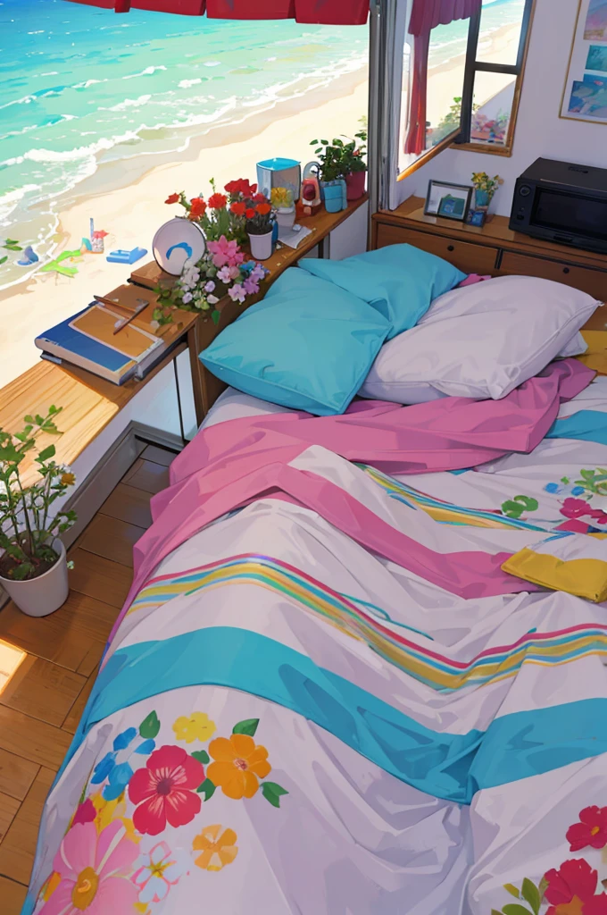In the comfort of a camper, Comfy bed and warm blanket, plant, Flowers, decorate, View of the quiet beach from behind, sunrise, peaceful, Vibrant colors, Line Art, Cartoon Style, (masterpiece, best quality, high resolution), 8K