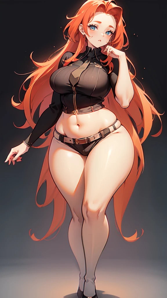 blank background, (((full body))), (masterpiece), ((best quality)), ((tall girl)), straight hair (curvy:1.8), (short skirt), shoes, belt below navel, redhead hair,, (black suit and tie), wide hips