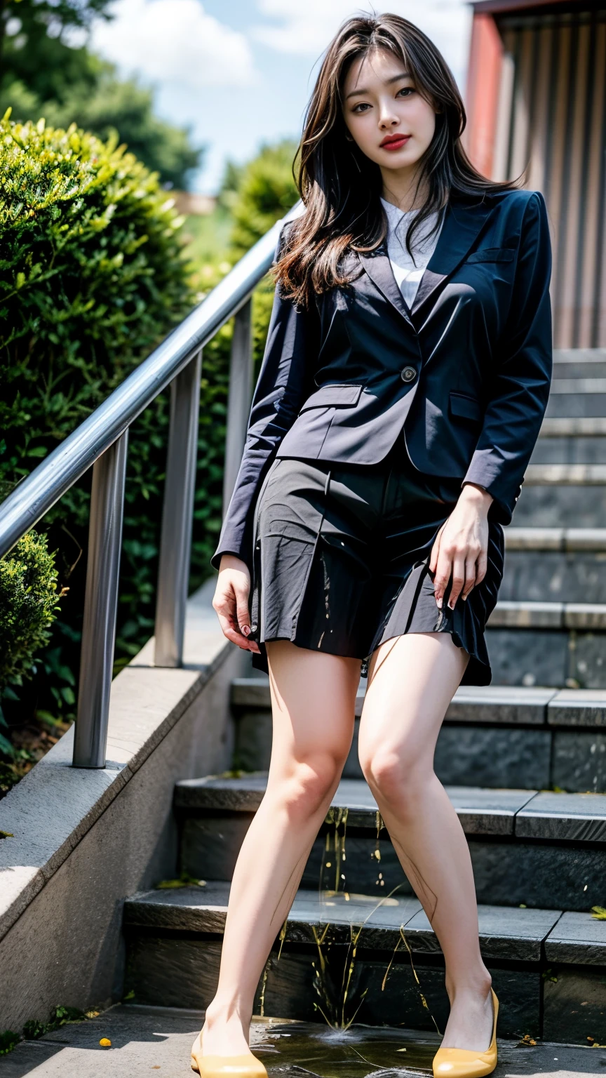 (realistic, photo-realistic:1.4), (best quality, masterpiece:1.2), RAW photo, high resolution, intricate details, extremely detailed, realistic and sharp details, (knee shot, from below), solo, a Japanese woman, ((standing with spread legs on the stairs)), dark hair, (straight hair), (business jacket, blouse, tight skirt), BREAK, large breasts, smaller face, detailed face, detailed eyes, pale skin, (peeing self, pee stain, urination:1.5), pee puddle, photo background, outdoors, daytime, 