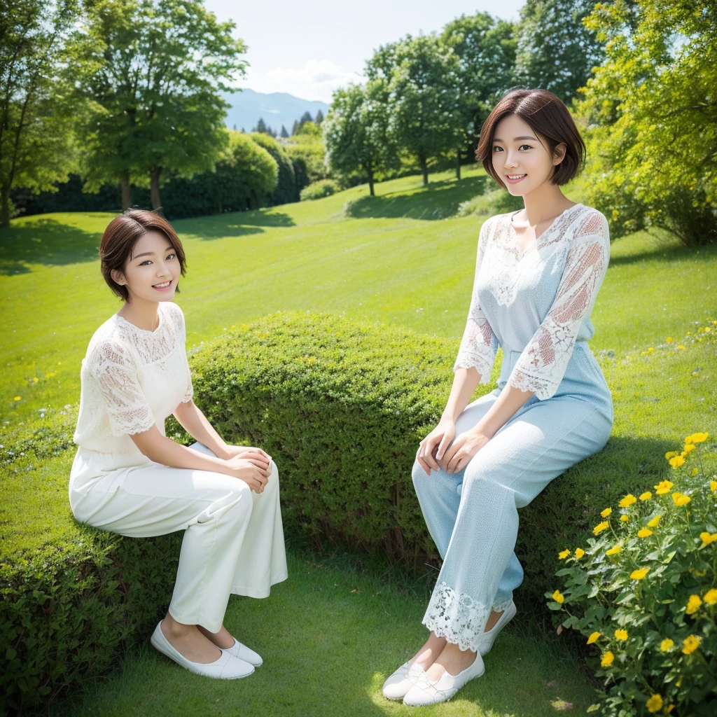 category : beauty photo theme : natural lace : Short Heonguk young woman 1 : 35-year-old woman : short medium hair, outdoor , sitting on a green meadow in switzerland, I can see the lake in the distance, side view . Create a beautiful atmosphere , wind blowing effect, Beautiful facial expressions , elegant pose .smile at the camera: : tall flower garden, blue sky , Wearing high-quality knits and pants, comfortable shoes, wind blowing camera : Taken using Canon eos 90d DSLR camera with 18-135mm lens , Detailed skin texture , detailed face , enlargement , low exposure angle : high dynamic range (HDR) launch