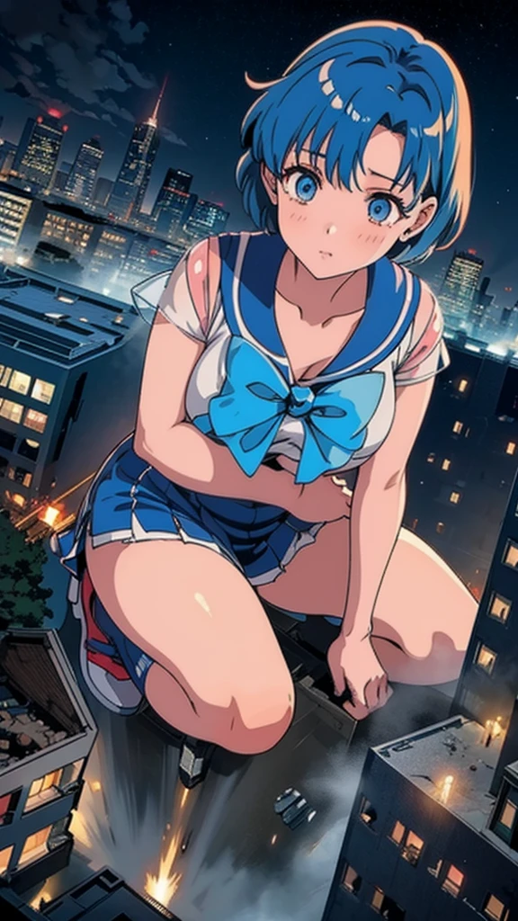 Anime style beauty masterpiece Unreal Engine precision cute girl Giant girl (Ami Mizuno in skyscraper) Short blue hair Sailor Mercury uniform Sneakers ((Aerial view)) Flood Heavy rain Torrential rain Cloudy sky Dark sky Collapsed building Destroyed ((Destroyed buildings) )) ((Destroyed cars)) ((Pile of rubble)) Giant girl on the road of a big city in the 90s Uniform ((Cloudy sky)) Female giant Giant girl's whole body Destroyed skyscrapers, destroyed cars, crowd Unreal Engine,