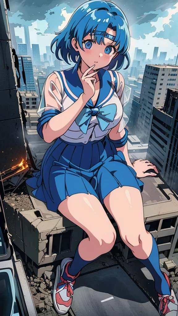 Anime style beauty masterpiece Unreal Engine precision cute girl Giant girl (Ami Mizuno in skyscraper) Short blue hair Sailor Mercury uniform Sneakers ((Aerial view)) Flood Heavy rain Torrential rain Cloudy sky Dark sky Collapsed building Destroyed ((Destroyed buildings) )) ((Destroyed cars)) ((Pile of rubble)) Giant girl on the road of a big city in the 90s Uniform ((Cloudy sky)) Female giant Giant girl's whole body Destroyed skyscrapers, destroyed cars, crowd Unreal Engine,