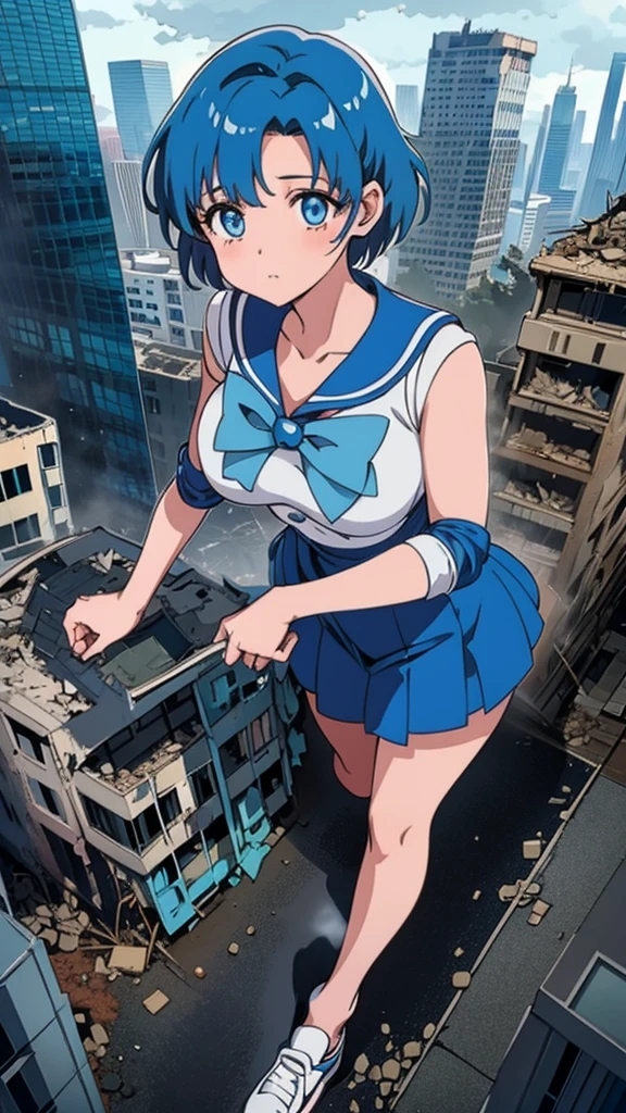Anime style beauty masterpiece Unreal Engine precision cute girl Giant girl (Ami Mizuno in skyscraper) Short blue hair Sailor Mercury uniform Sneakers ((Aerial view)) Flood Heavy rain Torrential rain Cloudy sky Dark sky Collapsed building Destroyed ((Destroyed buildings) )) ((Destroyed cars)) ((Pile of rubble)) Giant girl on the road of a big city in the 90s Uniform ((Cloudy sky)) Female giant Giant girl's whole body Destroyed skyscrapers, destroyed cars, crowd Unreal Engine,