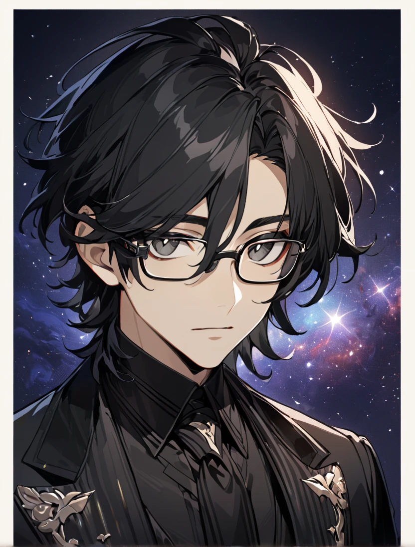 (black_hair), (long_male_hair), (deep_black_eyes), (high_detailed_eyes), (attractive), (emotionless), (Deep_space_background), (male), (wearing _a_black_suit), (long_male_hair), (detailed_Hair), (detailed), (detailed_mouth), (close_up), (vertical_slit_pupils), (Handsome), (glasses)