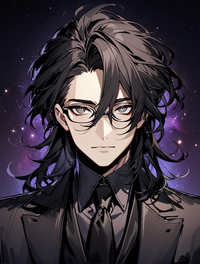 (black_hair), (long_male_hair), (deep_black_eyes), (high_detailed_eyes), (attractive), (emotionless), (Deep_space_background), (male), (wearing _a_black_suit), (long_male_hair), (detailed_Hair), (detailed), (detailed_mouth), (close_up), (vertical_slit_pupils), (Handsome), (glasses)