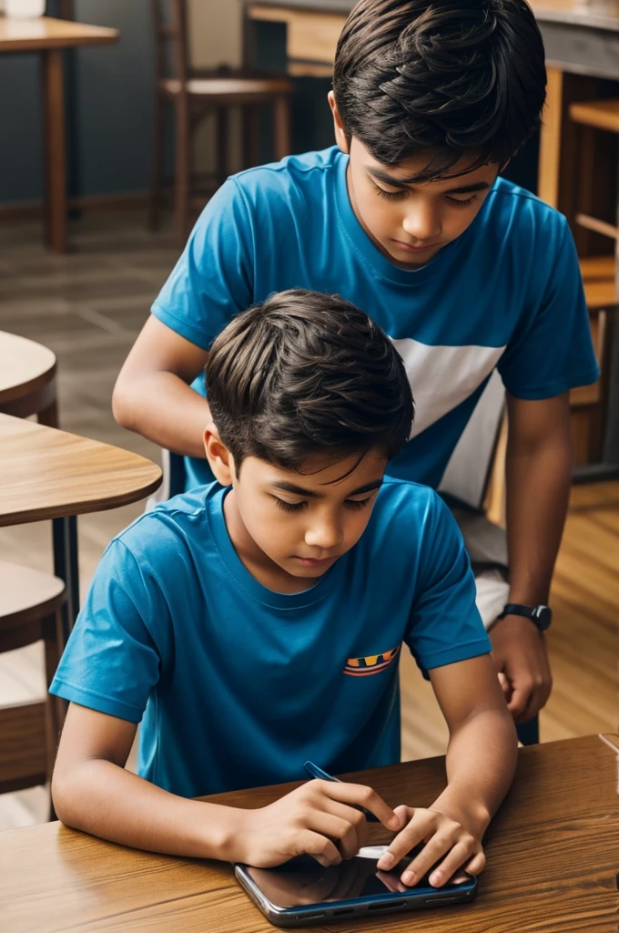 A boy wearing tshirt and sit on table and scrolling reels in his mobile phone cinematic and colourful view