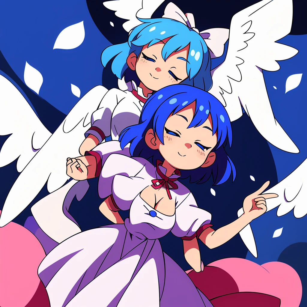 (best quality,4k,8k,highres,masterpiece:1.2), ultra-detailed, highly detailed texture, intricate details, A cute age angel with blue eyes, drawn in anime style, 1girl, , , 10 ydium blue hair, hair flaps, pink ribbon on head, well-formed face, blue eyes, angel girl, white blouse, puffy short sleeves, red ribbon, angel wings, long white skirt, red shoes, frills, ribbon head, A pair of angel wings on the back, from behind, to lift up one’s skirt, cowboy shot, from front, standing , raise one leg, crossed arms, arms up behind, arms behind back, hand between legs, put hands hip, one hand on hip, forward hands, arms raised in the air, punch hands, peace sign, waving, put up index finger, sit, lie down, closed eyes, lie face down, looking back, put one hand chest, leaning forward, cleavage, close up, horizontally outstretched arms, horizontally outstretched legs, front view, front face