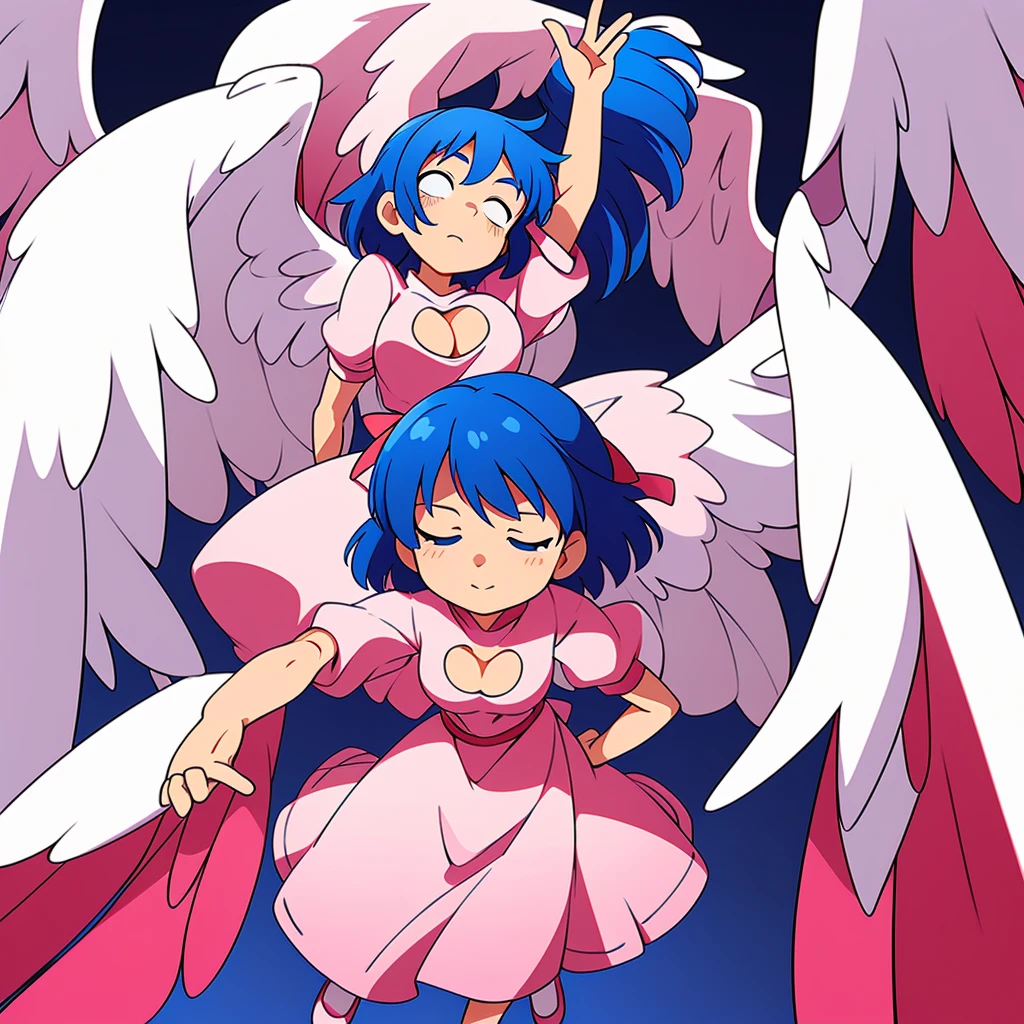 (best quality,4k,8k,highres,masterpiece:1.2), ultra-detailed, highly detailed texture, intricate details, A cute age angel with blue eyes, drawn in anime style, 1girl, , , 10 ydium blue hair, hair flaps, pink ribbon on head, well-formed face, blue eyes, angel girl, white blouse, puffy short sleeves, red ribbon, angel wings, long white skirt, red shoes, frills, ribbon head, A pair of angel wings on the back, from behind, to lift up one’s skirt, cowboy shot, from front, standing , raise one leg, crossed arms, arms up behind, arms behind back, hand between legs, put hands hip, one hand on hip, forward hands, arms raised in the air, punch hands, peace sign, waving, put up index finger, sit, lie down, closed eyes, lie face down, looking back, put one hand chest, leaning forward, cleavage, close up, horizontally outstretched arms, horizontally outstretched legs, front view, front face