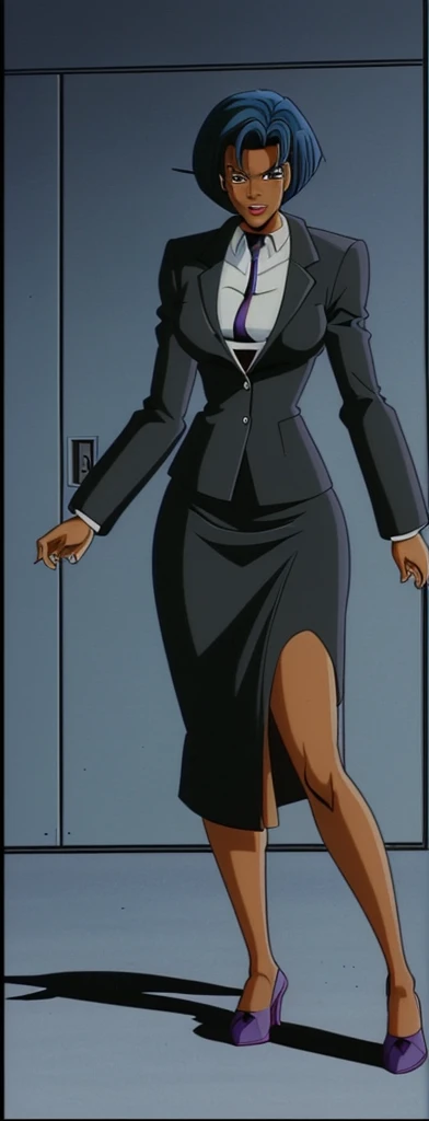 90s style Anime Evil black skinned business woman in a skirt suit