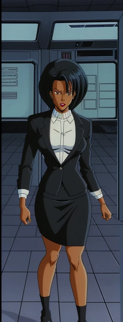 90s style Anime Evil black skinned business woman in a skirt suit 