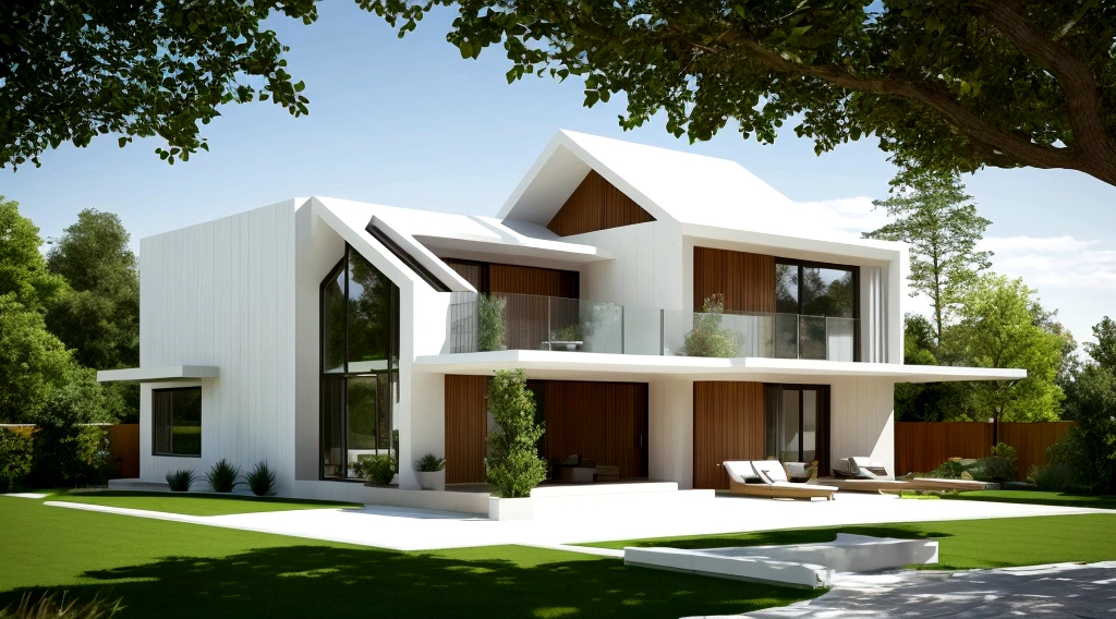 Modern minimalist architecture: The house will have a simple form, minimalist colors such as white, gray or natural wood. The clean lines are designed to create a feeling of neatness, modernity and harmony with the surrounding nature.

Windows and doors: Use many large windows to optimize natural brightness and the surrounding landscape. The entrance door will be designed to expand to connect the house with the outdoor space.
Garden and trees: Around the house there is a spacious garden, planted with trees to create shade and fresh air. Trees such as apple trees, orange trees, or green leaf trees can be used to add aesthetics and comfort to the space.
Simple and comfortable interior: Inside, the interior will be designed in a simple, modern style with natural materials such as wood and stone. Use simple but fully furnished furniture suitable for modern rural lifestyle.
Harmonious connection with nature: The house design will be optimized to make the most of the landscape and surrounding space, creating a harmonious and relaxing living environment., Photorealistic, 8k, ultra high res