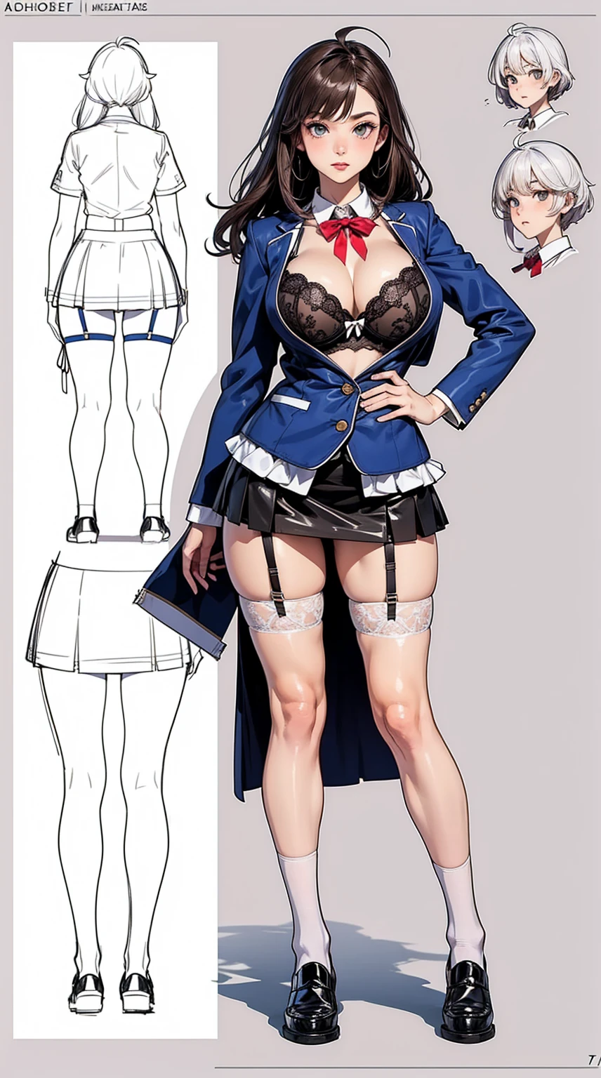 girl, alone, whole body, From head to toe, Are standing, (Huge_chest:1.3),
Character design sheet, Character Reference Sheet, 設計図のSchematic, Drafting, Blueprint, Schematic,
((Character design sheet:1.7, Character Reference Sheet:1.7,)),
anime/cartoon character wearing a girls , 1girl, alone, Thigh-high socks, blazer burezaa (blazer), Ahoge, Long Hair, bow, , shoes, loafers, ribbon, (Very short skirt:1.4), (lingerie:1.5),