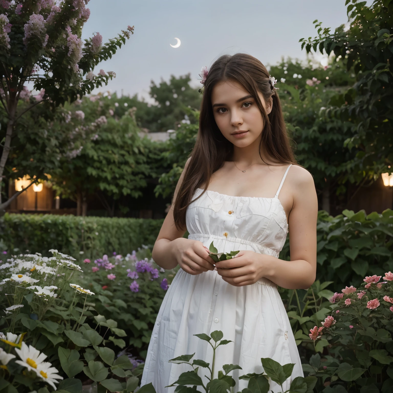 best quality, high_resolution, distinct_image, detailed background ,girl, flower,garden,moon,