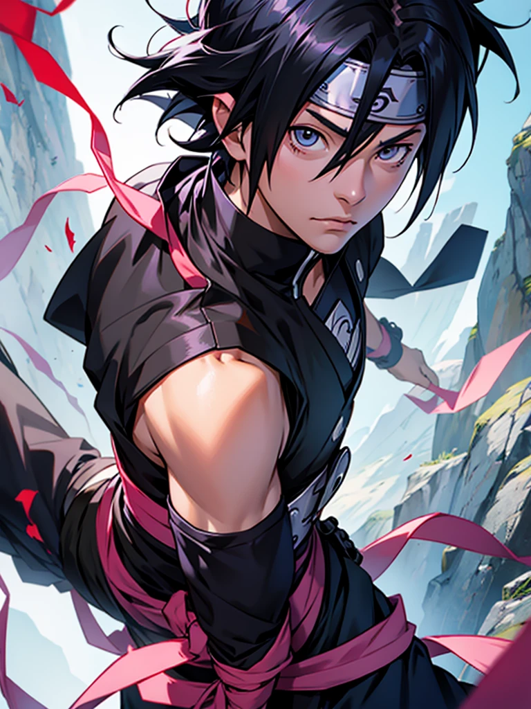 Sasuke Uchiha from 'Naruto' in high quality, with a personalized and creative touch. Show it off in a powerful pose, wielding his Kusanagi sword with Chidori electricity surrounding him. Capture seus olhos Sharingan e Rinnegan, highlighting the contrast between the two. Dress him up in a custom mix of your classic and modern outfits, incorporating elements of ninja armor with unique details.Add a dynamic scenario, like a devastated battlefield or a mystical environment, with lightning in the sky and debris floating. Use light and shadow effects to highlight Sasuke's intensity and duality, emphasizing your power and determination. Include small details that reflect your journey and growth, as subtle battle marks and symbols of his Uchiha lineage