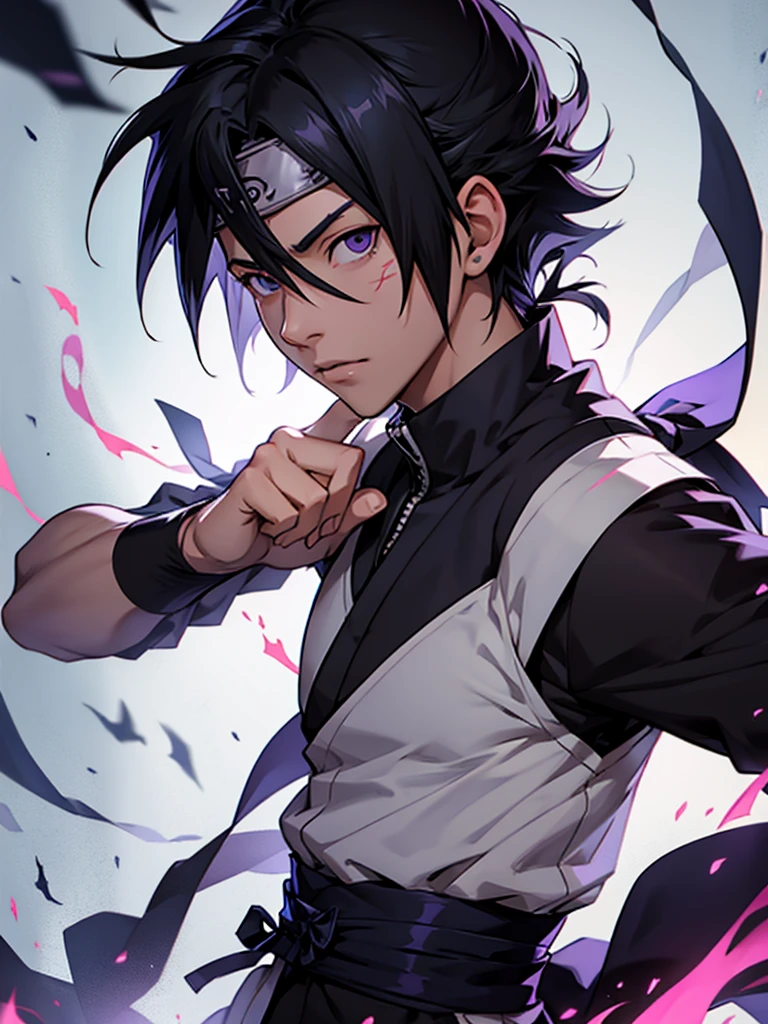 Sasuke Uchiha from 'Naruto' in high quality, with a personalized and creative touch. Show it off in a powerful pose, wielding his Kusanagi sword with Chidori electricity surrounding him. Capture seus olhos Sharingan e Rinnegan, highlighting the contrast between the two. Dress him up in a custom mix of your classic and modern outfits, incorporating elements of ninja armor with unique details.Add a dynamic scenario, like a devastated battlefield or a mystical environment, with lightning in the sky and debris floating. Use light and shadow effects to highlight Sasuke's intensity and duality, emphasizing your power and determination. Include small details that reflect your journey and growth, as subtle battle marks and symbols of his Uchiha lineage