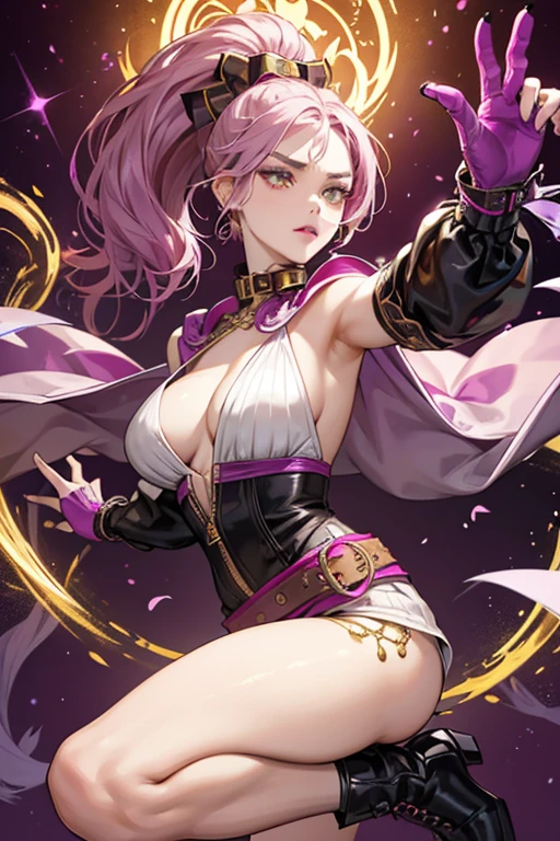 Purple Tigress wears a strong crimson swan-necked superhero outfit with a pale, light grayish fuchsia front, back of her arms, and palms of her hands and fingers which ends at the middle of her shins, with boots with pale, light grayish fuchsia toe caps resembling paws and golden soles. The suit has dark cerise lace stripes with similar patterns to her lace gloves. Her collar is outlined in gold with a zipper at the front. Her right hand, where she wears the Tiger Miraculous, sports a bejeweled black glove with swirling gold lines and feline-like fingers with golden claws, strong crimson ears with pale, light grayish fuchsia insides, like Cat Noir's, are in her hair, which is violet with deep fuchsia highlights, which is bound in a ponytail. Her eyes are a brilliant orange with light yellow sclerae, with a strong crimson, black bordered mask which bears pale, light grayish fuchsia marks on her eyelids and eyebrows. She also has dark grayish blue-violet lipstick. At her waist is the bolas, a long whip-like tool with three weighted striped balls at the end, it´s worn like a belt with a gold ring in the center. SPARKLE; GLITTER