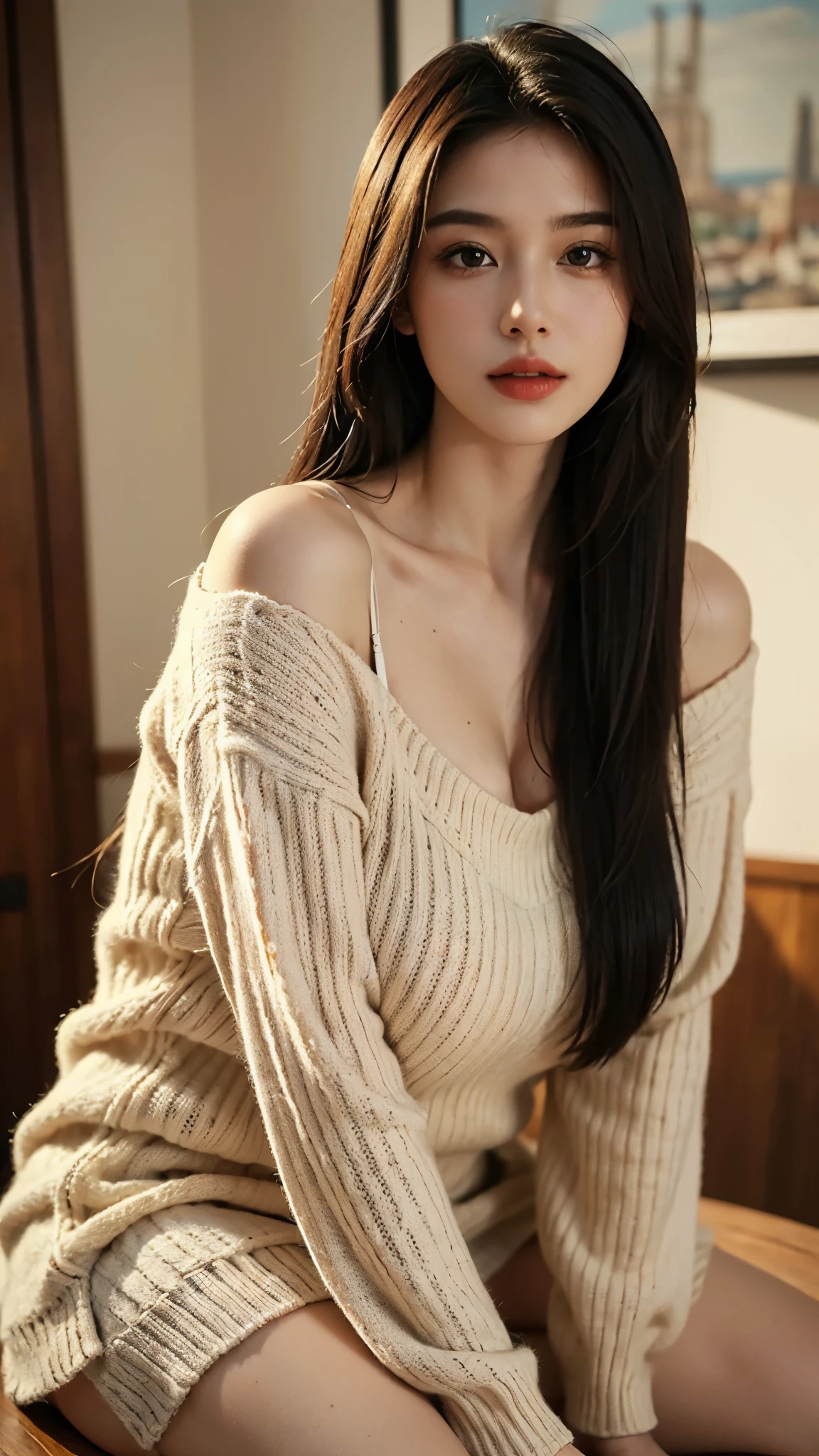 1 woman、40 years、overly detailed face、detailed lips、eye for detail、double eyelid, (long straight hair、huge :1.3)、summweater:1.1, ((top quality、8K、realistic, masterpiece:1.3)), smooth, long legs, whole body, Model Pose