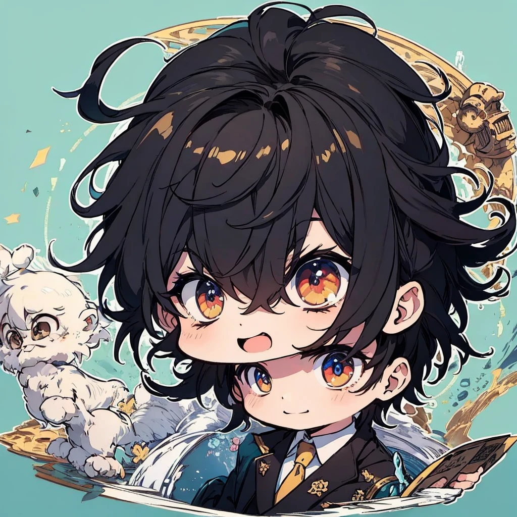 masterpiece , best quality , man , reading , chibi anime man , smile , black hair , suit , solo