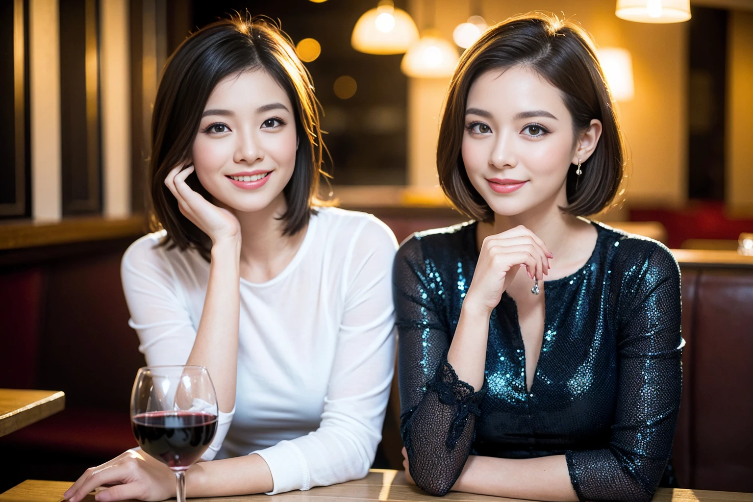 ((Highest quality、8K、masterpiece:1.3))、slimカップル、modelカップル、(Realistic, Intricate details:1.2), full-course dinner、Wine Party、Amazing view of the sunset sky and clouds、A bright smile、The wonderfulness of smile、Bright image、The beauty of wine, Beautiful Face, blue eyes, The light shines on your face, Blushing, short hair,Bright Face、 (Age 37), 39 years old, red wine 、Appetizers、Italian food、Wine bottle、Champagne、sparkling wine、Two beauties、Brown Hair、Shortcuts、Long sleeve shirt、dress、Beautiful woman 1, (slimな顔), (The body is slim), (Brown Hair), (Shortcuts), cheeks turn a little red,Attractive beauty、restaurant, In a prominent place (From the waist up) Nova Frog Style, actress, model, Upper Body, White wine, slim, wine glass, 中央に置かれたwine glass, smile, (smile: 1.15), Beautiful fine grain, Depth f/2,saturation, High Contrast, Strong light and shadow,Moist Body:1.5、3D texture、Delicate eyes、Brown Hair、The hair is very shiny、