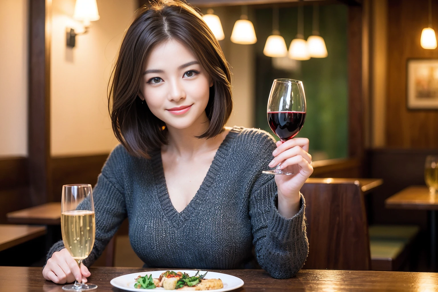 ((Highest quality、8K、masterpiece:1.3))、slimカップル、modelカップル、(Realistic, Intricate details:1.2), full-course dinner、Wine Party、Amazing view of the sunset sky and clouds、A bright smile、The wonderfulness of smile、Bright image、The beauty of wine, Beautiful Face, blue eyes, The light shines on your face, Blushing, short hair,Bright Face、 (Age 37), 39 years old, red wine 、Appetizers、Italian food、Wine bottle、Champagne、sparkling wine、Two beauties、Brown Hair、Shortcuts、Long sleeve shirt、dress、Beautiful woman 1, (slimな顔), (The body is slim), (Brown Hair), (Shortcuts), cheeks turn a little red,Attractive beauty、restaurant, In a prominent place (From the waist up) Nova Frog Style, actress, model, Upper Body, White wine, slim, wine glass, 中央に置かれたwine glass, smile, (smile: 1.15), Beautiful fine grain, Depth f/2,saturation, High Contrast, Strong light and shadow,Moist Body:1.5、3D texture、Delicate eyes、Brown Hair、The hair is very shiny、